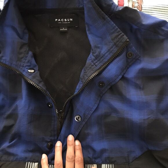 PacSun Blue Black Plaid Windbreaker Pullover Jacket Lightweight Long Sleeve L - Picture 5 of 8